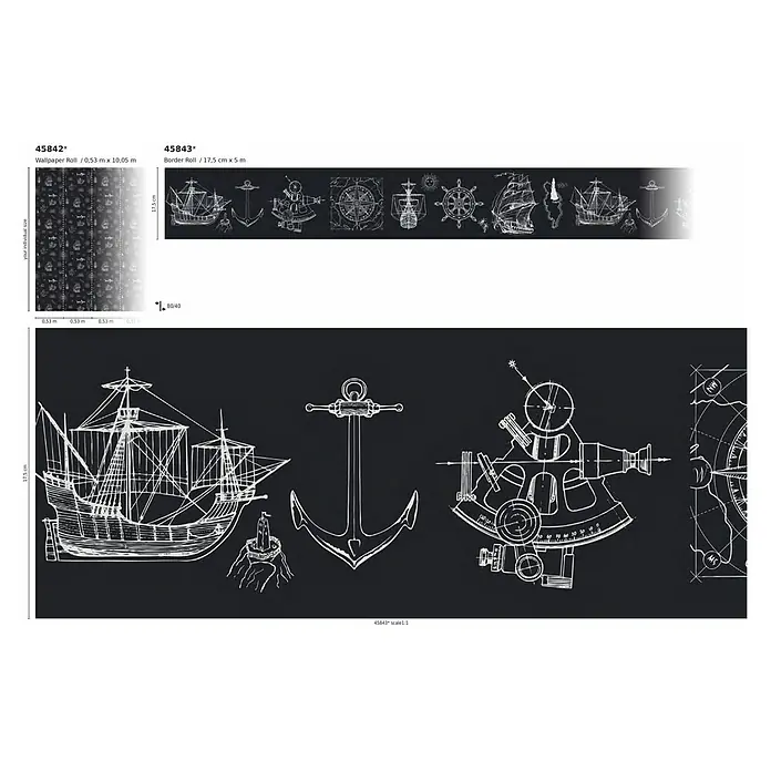 Marburg Kids' Walls Vliestapete Sailor Spirit - Schwarz/Weiß, Tieroptik, 10,05 x 0,53 m - Produktabbildung einer Bordürenrolle (17,5 cm x 5 m) und einer Tapetenrolle (0,53 m x 10,05 m) mit maritimen Motiven.