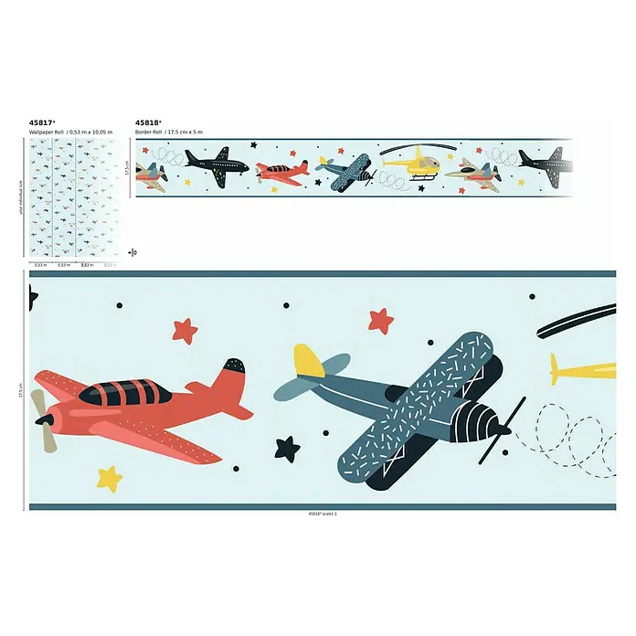 Marburg Kids' Walls Tapetenborte Flugzeuge - Kunststoff, Blau/Multicolor - Tapetenrolle und Bordüre mit Flugzeugmotiven in verschiedenen Farben und Größen für Kinderzimmer.