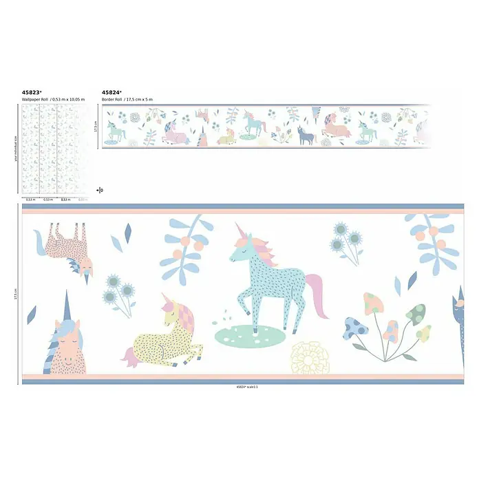 Marburg Kids' Walls Vliestapete Einhörner - Weiß/Multicolor, Tieroptik, 10,05 x 0,53 m - Einhorn-Bordürenrolle, 17,5 cm x 5 m, mit verspielten Einhorn- und Pflanzenmotiven für eine bezaubernde Wandgestaltung im Kinderzimmer.