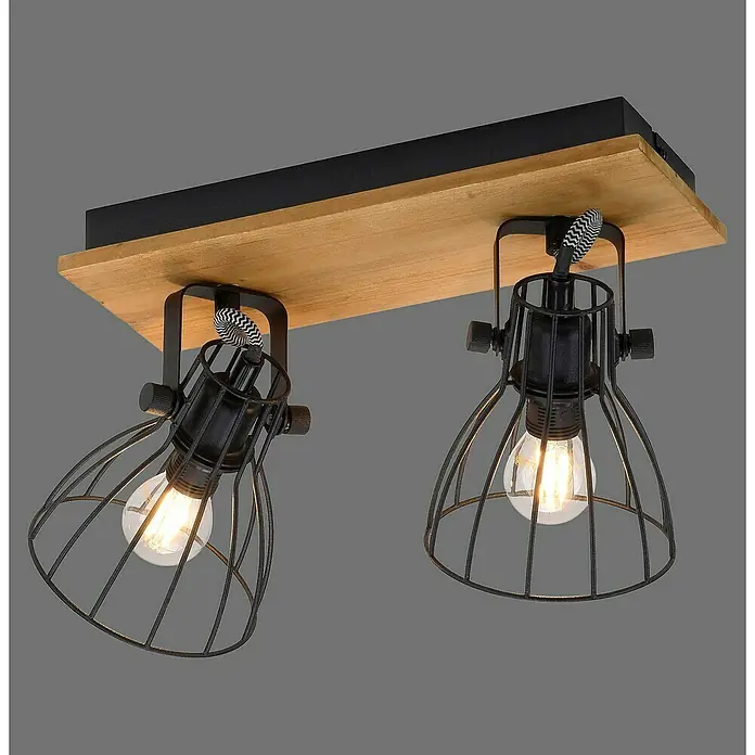 Deckenstrahler Taro - L x B x H: 40 x 22 x 15 cm, Schwarz, E14, 2 Stk. - Balkenlampe mit zwei schwarzen Lampenschirmen in Käfigform und warm leuchtenden Glühbirnen für ein gemütliches Ambiente.