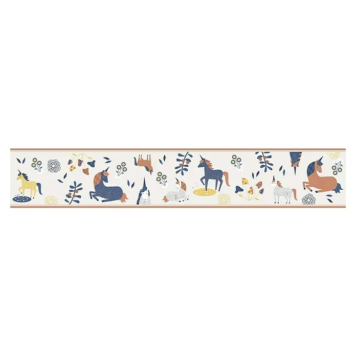 Marburg Kids' Walls Tapetenborte Einhörner - Grau/Multicolor, Motiv, L x H: 5 x 0,18 m, Vlies - Dekoratives Bild mit stilisierten Einhörnern und Blumenmotiven in sanften Farben. Ideal als Bordüre oder Akzent.
