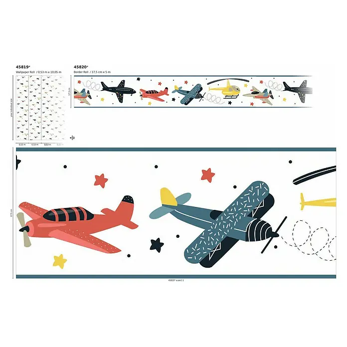 Marburg Kids' Walls Tapetenborte Flugzeuge - Kunststoff, Weiß/Multicolor - Abbildung von Flugzeug-Tapeten und Bordüren mit bunten Flugzeugmustern, ideal für Kinderzimmer.