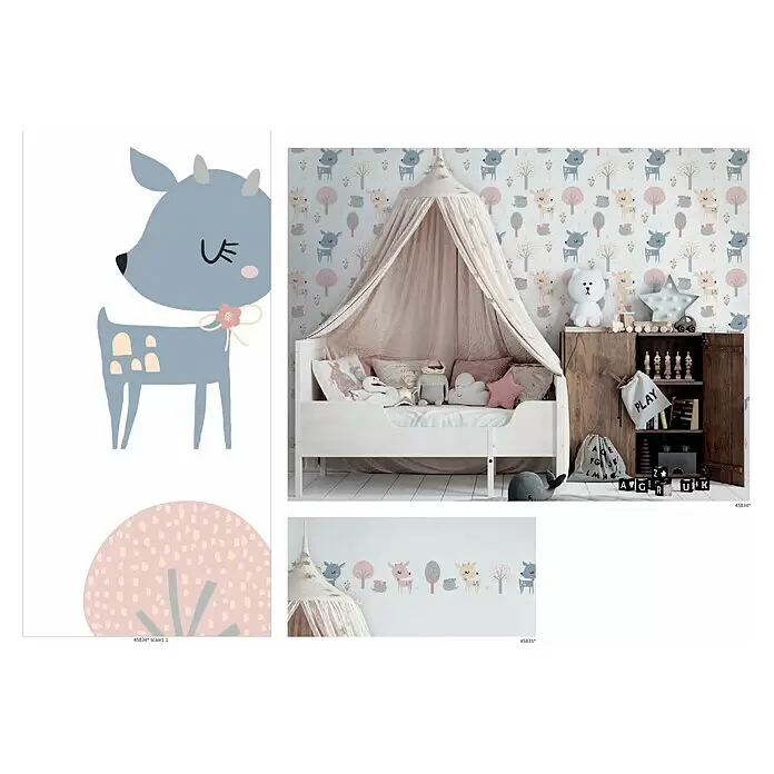 Marburg Kids' Walls Vliestapete - Weiß/Rosa/Blau, Tieroptik, 10,05 x 0,53 m - Wanddeko im Kinderzimmer mit Cartoon-Rehen und Bäumen in Pastellfarben. Ein Bett mit Baldachin und Holzspielzeugschrank sind sichtbar.