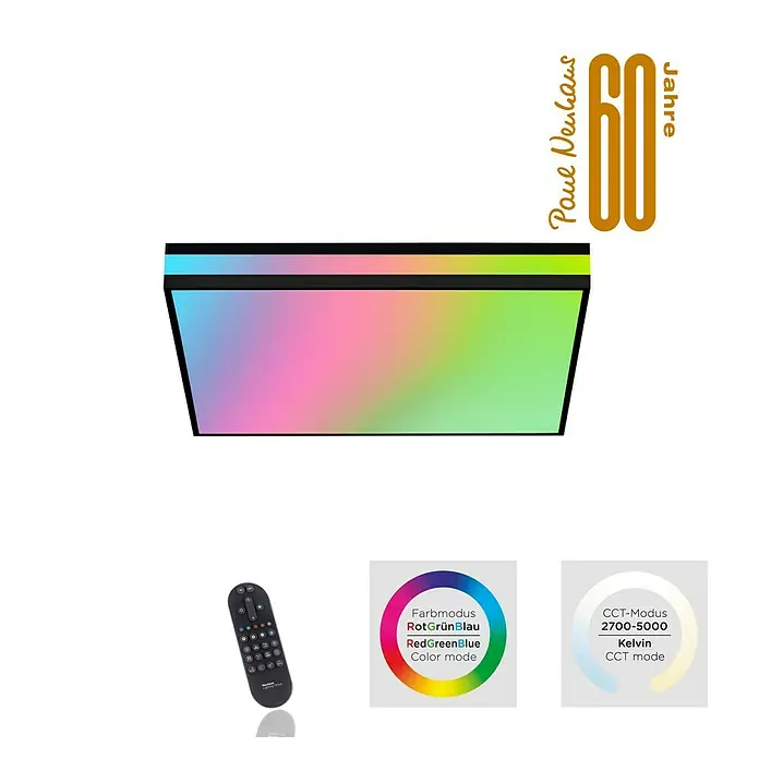Just Light LED-Deckenleuchte Mario - 24 W, L x B x H: 46,5 x 46,5 x 8,4 cm, Schwarz, Mehrfarbig - Abbildung einer Paul Neuhaus Deckenleuchte mit Farbwechseloptionen und Fernbedienung für individuelle Lichtgestaltung.