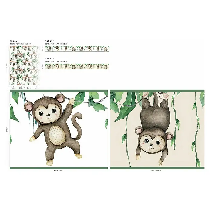 Marburg Kids' Walls Tapetenborte Affen - Kunststoff, Weiß/Grün/Braun - Produktdarstellung von Kindertapeten mit niedlichen Affenmotiven, ideal für lebhafte Kinderzimmer und fantasievolle Dekorationen.
