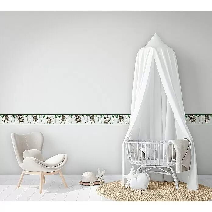Marburg Kids' Walls Tapetenborte Affen - Kunststoff, Weiß/Grün/Braun - Affen-Wandbordüre mit grünen Ranken und Cartoon-Affen, verwendet in einem Kinderzimmer.