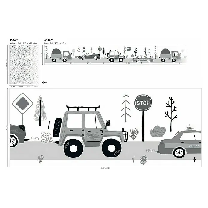 Marburg Kids' Walls Vliestapete Straßenführung - Weiß/Grau, Grafisch, 10,05 x 0,53 m - Abbildung einer Kinderzimmer-Tapetenbordüre mit verschiedenen Fahrzeugen und Verkehrsschildern in Schwarzweiß, ideal für fantasievolle Räume.