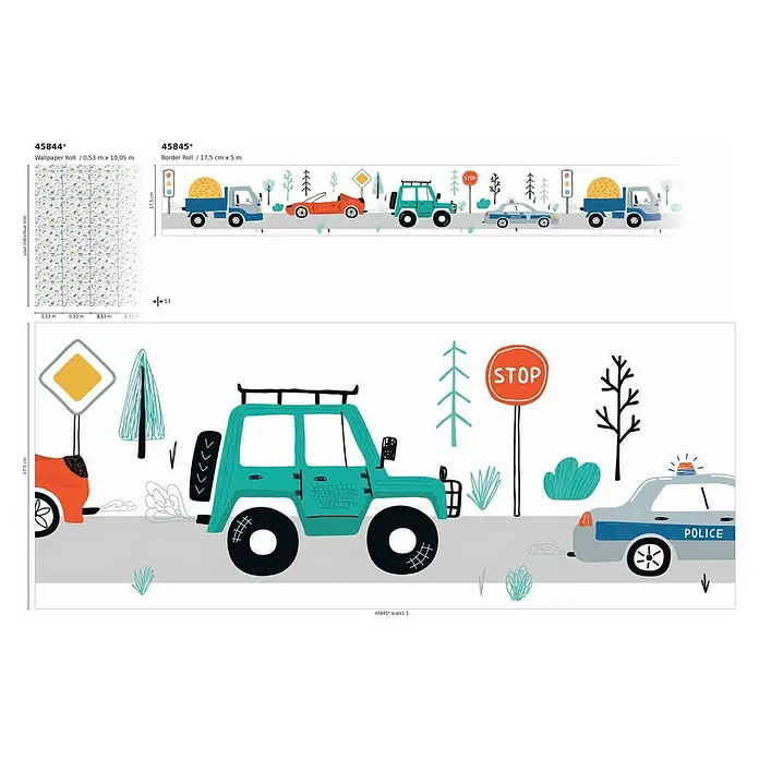 Marburg Kids' Walls Tapetenborte Fahrzeuge - Weiß/Multicolor, Motiv, L x H: 5 x 0,18 m, Vlies - Abbildung der Kinderzimmer-Bordürenrolle 45845 mit Autos und Verkehrszeichen und der Tapetenrolle 45844 mit einem ähnlichen Design.