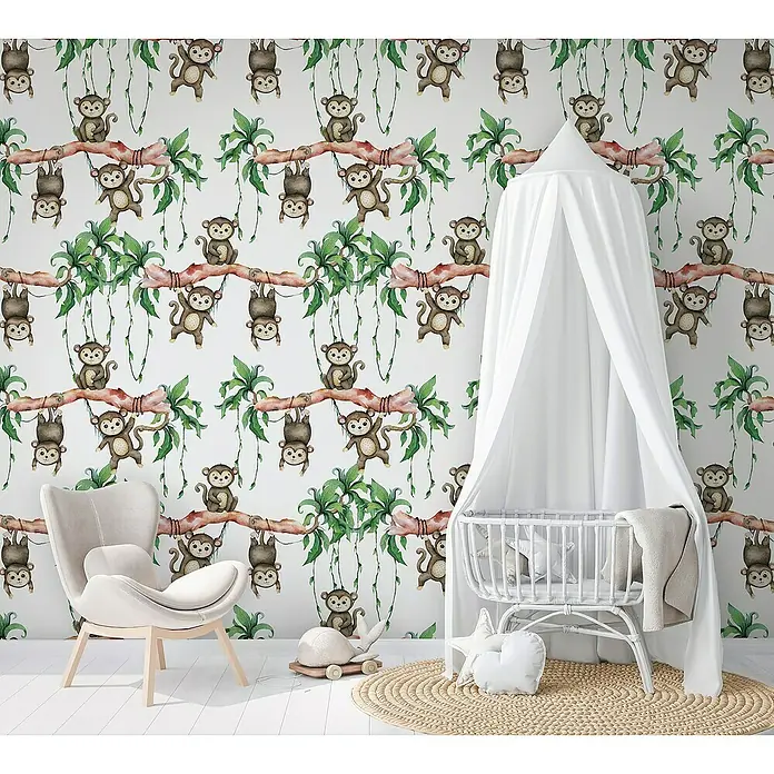 Marburg Kids' Walls Fototapete Affen - B x H: 106 x 270 cm, Vlies - Ein Kinderzimmer mit einer weißen Wiege unter einem Baldachin, einem Sessel und einer verspielten Tapete mit Äffchen. Ideal für Babys und Kleinkinder!