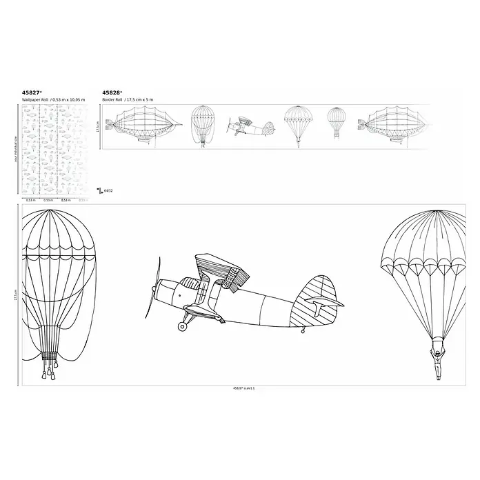 Marburg Kids' Walls Tapetenborte Luftschiffe - Weiß/Schwarz, Motiv, L x H: 5 x 0,18 m, Vlies - Abbildung einer Tapetenrolle mit Luftschiffen, Ballons und Flugzeugen, ideal für die Dekoration von Kinderzimmern oder Themenräumen.