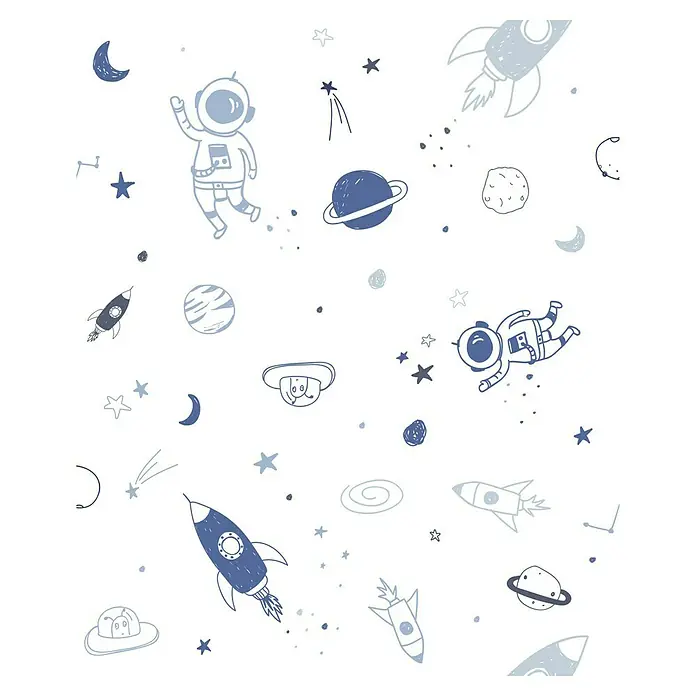 Marburg Kids' Walls Vliestapete Astronaut - Weiß/Blau, Grafisch, 10,05 x 0,53 m - Ein verspieltes Weltraummuster mit Astronauten, Raketen, Planeten und Sternen auf einem weißen Hintergrund, ideal für Kinderzimmer.