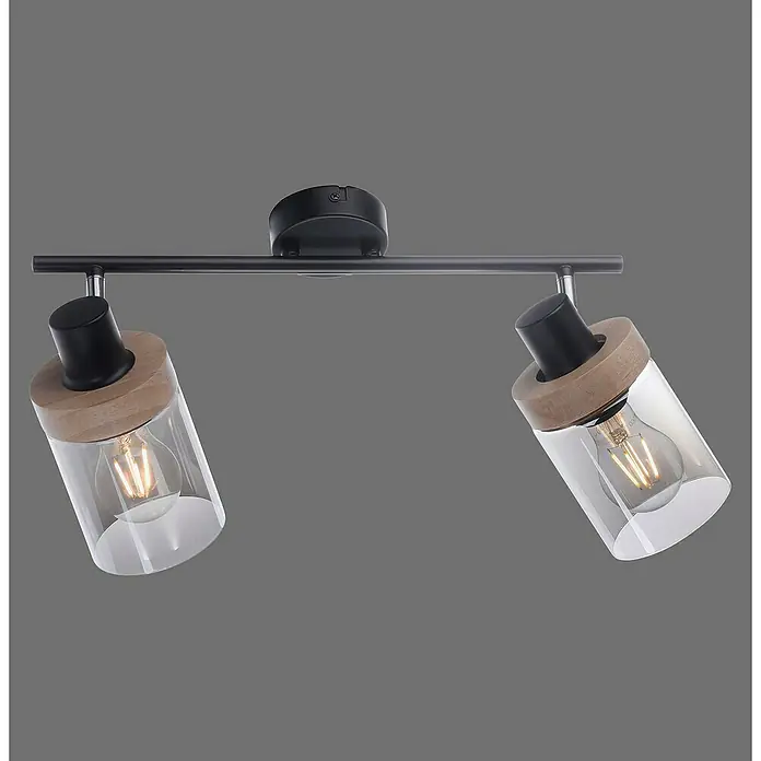 Just Light Deckenstrahler Pasqual - 80 W, L x B x H: 64 x 30 x 24 cm, Schwarz, E27 - Deckenleuchte mit zwei Strahlern. Die Leuchte verfügt über klare Glaszylinder und hölzerne Akzente, die eine moderne Ästhetik schaffen.