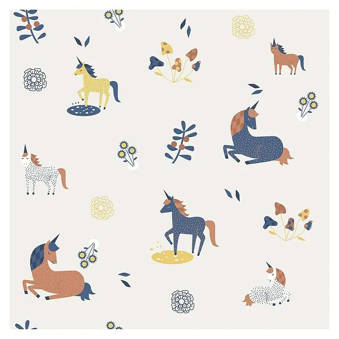 Marburg Kids' Walls Vliestapete Einhörner - Grau/Multicolor, Tieroptik, 10,05 x 0,53 m - Musterbild mit Einhörnern, Blumen und Pilzen in sanften Farben. Perfekt für Kinderzimmerdekoration und Textildesign.