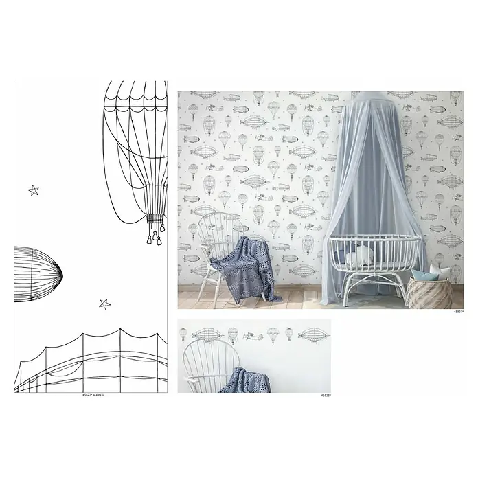 Marburg Kids' Walls Tapetenborte Luftschiffe - Weiß/Schwarz, Motiv, L x H: 5 x 0,18 m, Vlies - Nahaufnahme eines Kinderzimmers mit einem skizzenhaften, luftfahrtbezogenen Wanddesign mit Luftschiffen, Ballons und Flugzeugen.