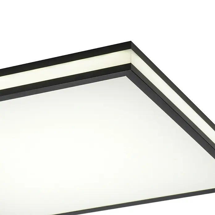 Just Light LED-Deckenleuchte Mario - 24 W, L x B x H: 46,5 x 46,5 x 8,4 cm, Schwarz, Mehrfarbig - Nahaufnahme einer modernen LED-Deckenleuchte mit schwarzem Rahmen und integrierter Beleuchtung, die ein helles, gleichmäßiges Licht erzeugt.