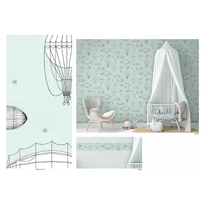 Marburg Kids' Walls Tapetenborte Luftschiffe - Grün/Weiß, Motiv, L x H: 5 x 0,18 m, Vlies - Abbildung des Rasch Kids & Teens II Kinderzimmers mit fantasievoller Tapete mit Luftschiffen, einem Sessel und Kinderbett.