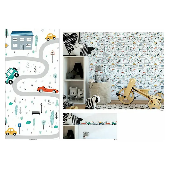 Marburg Kids' Walls Tapetenborte Fahrzeuge - Weiß/Multicolor, Motiv, L x H: 5 x 0,18 m, Vlies - Kinderzimmer mit Tapete mit Straßenmuster, Spielzeugregal und Holzfahrrad.