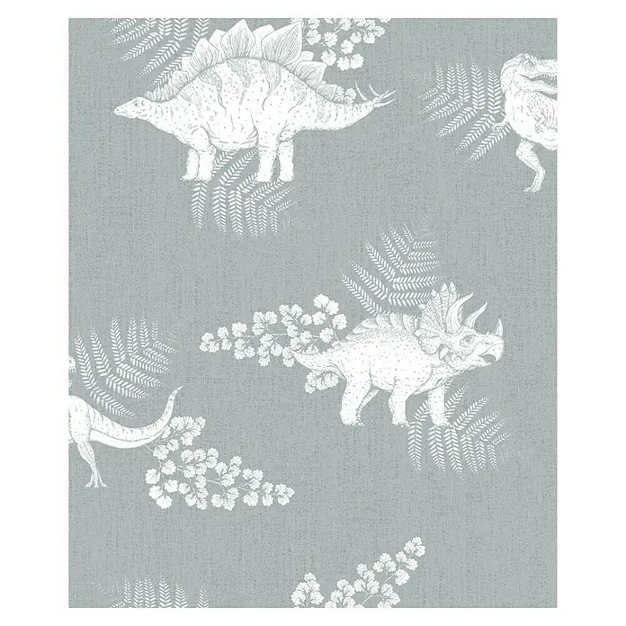Marburg Kids' Walls Vliestapete Dinosaurier - Grün/Weiß, Tieroptik, 10,05 x 0,53 m - Grauer Hintergrund mit weißen Dinosauriern und Pflanzen, ein stilvolles Design für Kinderzimmer oder verspielte Akzente.