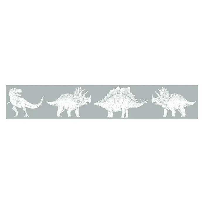 Marburg Kids' Walls Tapetenborte Dinosaurier - Kunststoff, Graugrün - Illustration von vier Dinosauriern: T-Rex, Triceratops, Stegosaurus und Triceratops, jeweils in Weiß vor einem grauen Hintergrund.