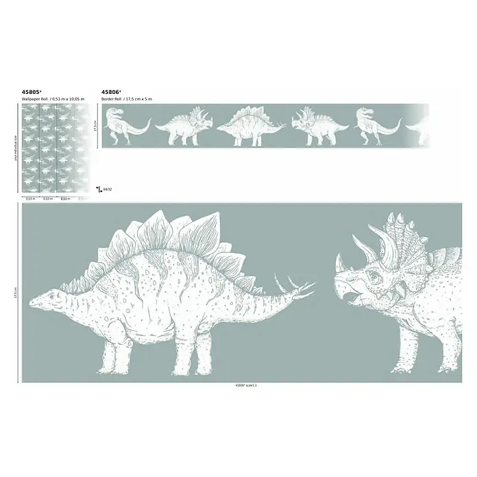Marburg Kids' Walls Vliestapete Dinosaurier - Grün/Weiß, Tieroptik, 10,05 x 0,53 m - Dinosaurier-Tapetenrolle und Bordüre mit Triceratops- und Stegosaurus-Motiven für Kinderzimmer.