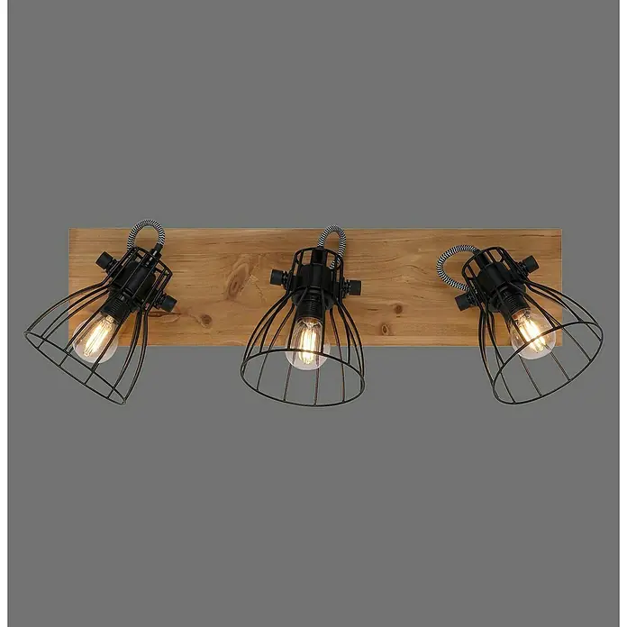 Deckenstrahler Taro - L x B x H: 58 x 22 x 15 cm, Schwarz, E14, 3 Stk. - Dreifache Deckenleuchte mit industriellem Design und schwarzen Lampenschirmen auf einer Holzplatte.