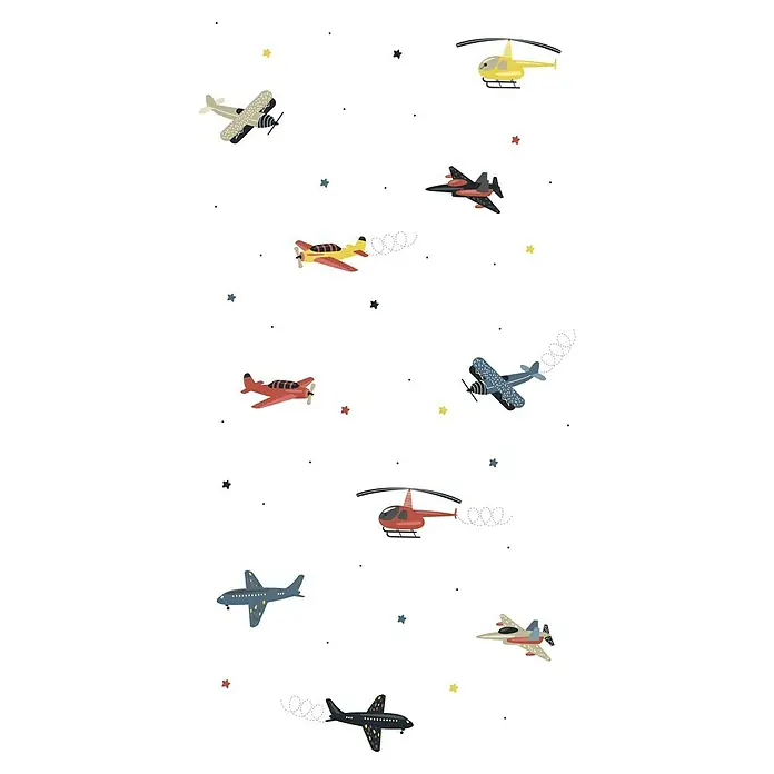 Marburg Kids' Walls Vliestapete Flugzeuge - Weiß/Multicolor, Grafisch, 10,05 x 0,53 m - Illustration mit einer Vielzahl von Flugzeugen und Hubschraubern in verschiedenen Farben und Designs auf einem weißen Hintergrund.