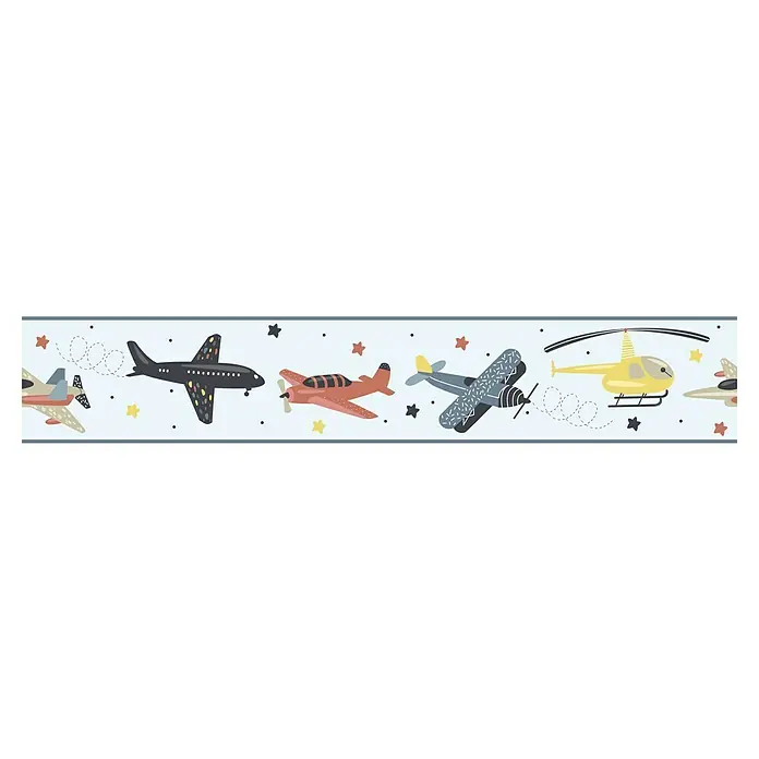 Marburg Kids' Walls Tapetenborte Flugzeuge - Kunststoff, Blau/Multicolor - Eine bunte Bordüre mit verschiedenen Flugzeugmotiven, darunter Propellerflugzeuge und ein Hubschrauber, ideal für Kinderzimmer.