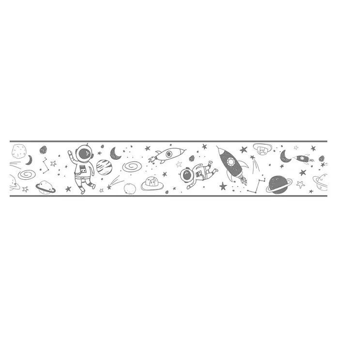 Marburg Kids' Walls Tapetenborte Astronaut - Kunststoff, Weiß/Grau - Weltraum-Bordüre mit Astronauten, Raketen, Planeten und Sternen in Grau auf Weiß. Perfekt für Kinderzimmer.