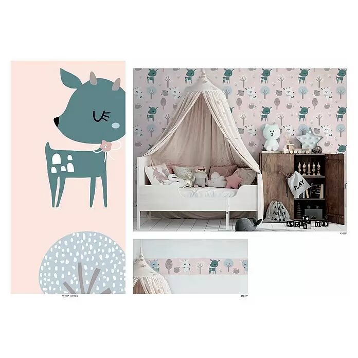 Marburg Kids' Walls Vliestapete - Rosa/Weiß, Tieroptik, 10,05 x 0,53 m - Kindertapete mit süßen türkis-weißen Hirschen, Bäumen und Igeln auf rosa Hintergrund, dekoriert ein Kinderzimmer.