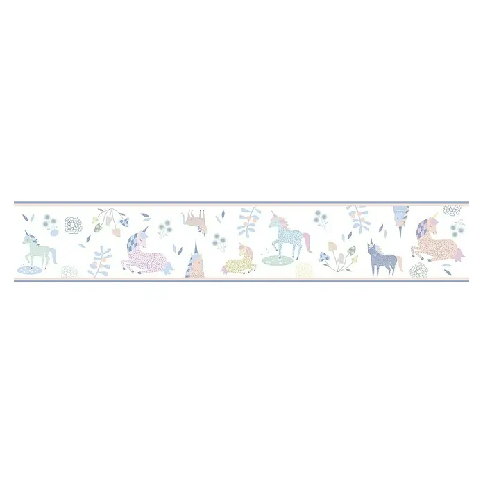 Marburg Kids' Walls Tapetenborte Einhörner - Weiß/Multicolor, Motiv, L x H: 5 x 0,18 m, Vlies - Eine Bordüre mit Einhornmotiven, die eine sanfte und fantasievolle Atmosphäre für Kinderzimmer schafft.