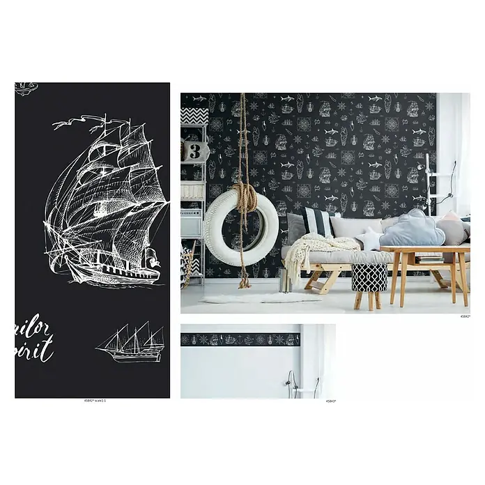 Marburg Kids' Walls Vliestapete Sailor Spirit - Schwarz/Weiß, Tieroptik, 10,05 x 0,53 m - Dieses Bild zeigt eine Auswahl an Seefahrertapeten mit maritimen Motiven, perfekt für ein Kinderzimmer oder ein thematisches Bad.