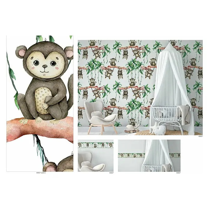 Marburg Kids' Walls Tapetenborte Affen - Kunststoff, Weiß/Grün/Braun - Wandgestaltungsideen für ein Kinderzimmer mit einer verspielten Affen-Tapete und einem niedlichen Affen-Wandbild, perfekt für eine fröhliche Atmosphäre.