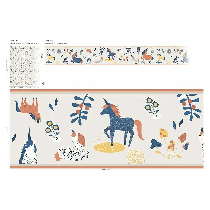 Marburg Kids' Walls Tapetenborte Einhörner - Grau/Multicolor, Motiv, L x H: 5 x 0,18 m, Vlies - Einhorn-Tapetenrolle (0,53 m x 10,05 m) und Bordürenrolle (17,5 cm x 5 m) mit einem märchenhaften Einhorn-Motiv für Kinderzimmer.