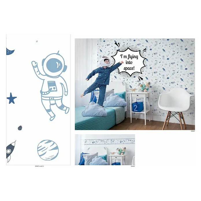 Marburg Kids' Walls Vliestapete Astronaut - Weiß/Blau, Grafisch, 10,05 x 0,53 m - Ein Kinderzimmer-Design mit Weltraum-Tapete, Astronauten-Wandbild und einem spielenden Kind im Astronautenkostüm, alles in beruhigenden Blautönen.