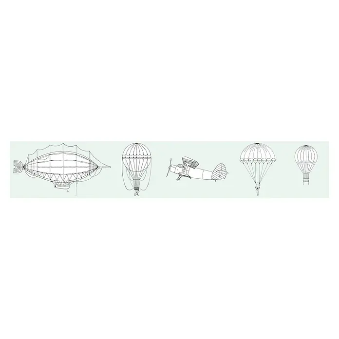 Marburg Kids' Walls Tapetenborte Luftschiffe - Kunststoff, Grün/Weiß - Das Bild zeigt eine Reihe von Luftfahrzeugen, darunter ein Luftschiff, Ballons und ein Doppeldecker, alle in einer einfachen Strichzeichnung.