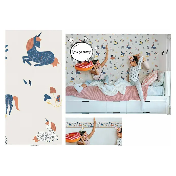 Marburg Kids' Walls Tapetenborte Einhörner - Grau/Multicolor, Motiv, L x H: 5 x 0,18 m, Vlies - Das Bild zeigt verschiedene Ansichten der Kids@Home 4582 Wallpaper mit niedlichen Einhorn-Motiven, ideal für fröhliche Kinderzimmer.