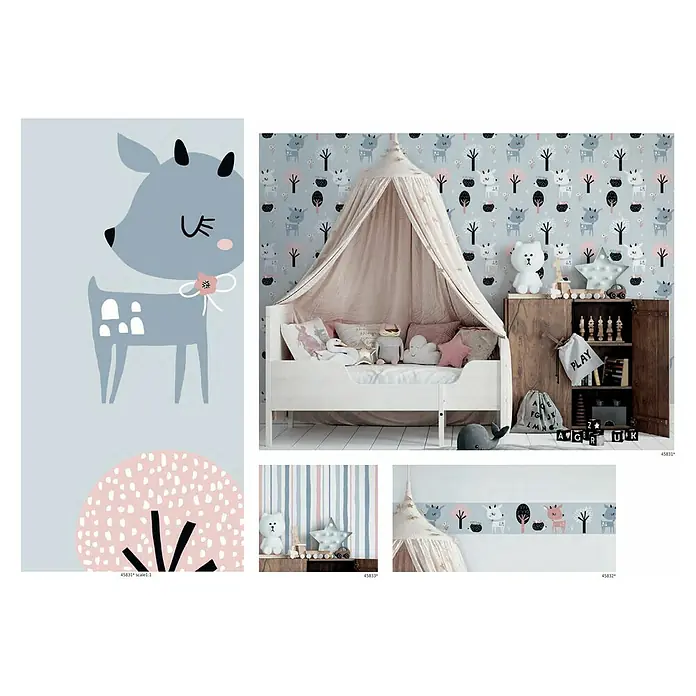 Marburg Kids' Walls Vliestapete Kombistreifen II - Weiß/Grau/Rosa, Streifen, 10,05 x 0,53 m - Kinderzimmer mit Wandtapeten. Eine Tapete zeigt ein Rehkitz, während eine andere einen Wald mit Rehen darstellt. Eine Bordüre mit Waldmotiven ist ebenfalls sichtbar.