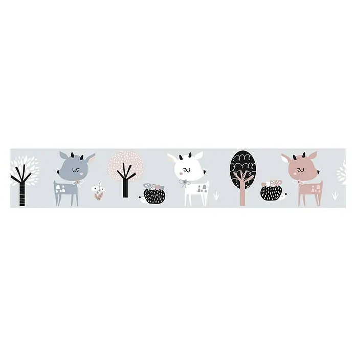 Marburg Kids' Walls Tapetenborte - Kunststoff, Grau/Schwarz/Weiß - Niedliche Illustration mit Rehen, Bäumen und Igeln in sanften Farben, ideal für Kinderzimmerdekorationen. Verspieltes Design.