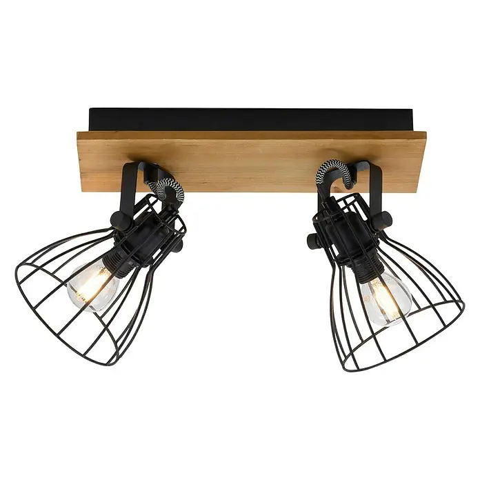 Deckenstrahler Taro - L x B x H: 40 x 22 x 15 cm, Schwarz, E14, 2 Stk. - Stilvolle Deckenleuchte mit zwei schwarzen Lampenschirmen und einem Holzbalken zur Montage an der Decke.