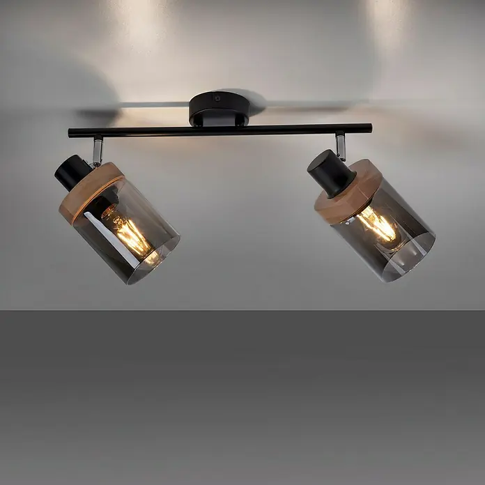 Just Light Deckenstrahler Pasqual - 80 W, L x B x H: 64 x 30 x 24 cm, Schwarz, E27 - Nahaufnahme einer modernen Deckenleuchte mit zwei individuell einstellbaren Strahlern und stilvollem Design.