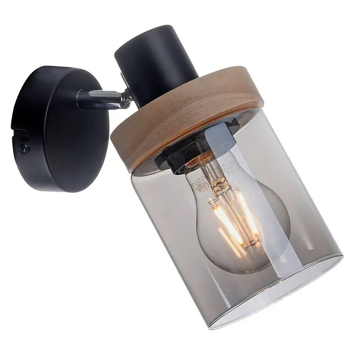 Just Light Deckenstrahler Pasqual - 40 W, L x B x H: 21 x 19 x 18 cm, Schwarz, E27 - Moderne Wandleuchte mit schwarzer Halterung, Holzakzent und transparentem Lampenschirm, ideal für stilvolle Innenräume.