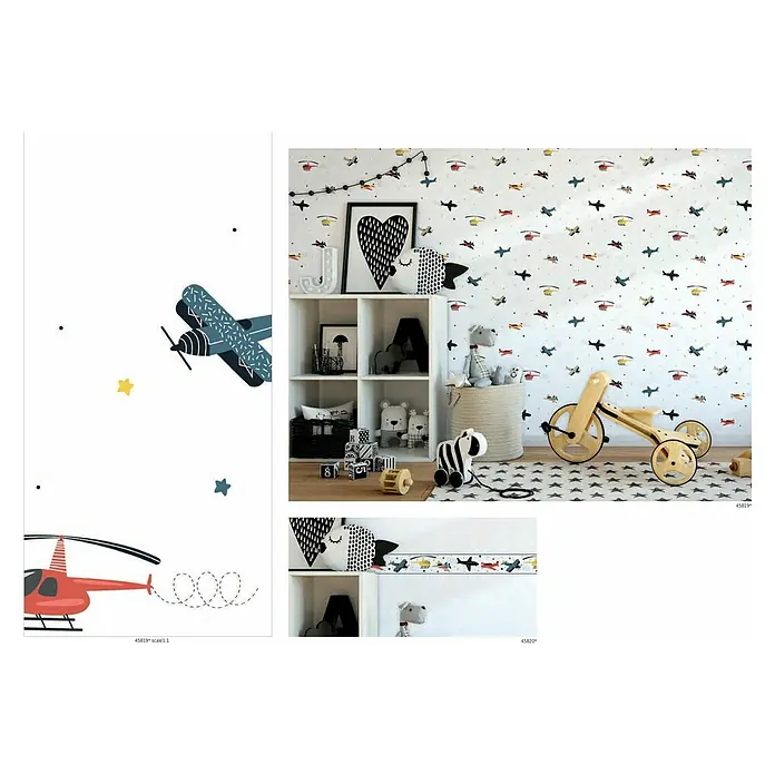 Marburg Kids' Walls Tapetenborte Flugzeuge - Kunststoff, Weiß/Multicolor - Kinderzimmer Tapete mit Flugzeug und Helikopter Muster, ideal für Jungen und Mädchen.