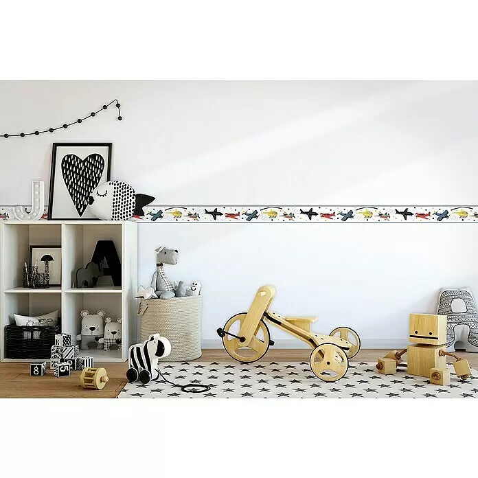 Marburg Kids' Walls Tapetenborte Flugzeuge - Kunststoff, Weiß/Multicolor - Bunte Flugzeug- und Helikopter-Bordüre im Kinderzimmer.