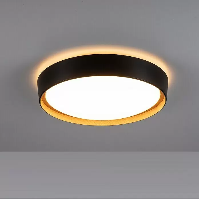 Just Light LED-Deckenleuchte Emilia - 32 W, L x B x H: 39,6 x 39,6 x 10 cm, Schwarz, Warmweiß - Runde Deckenleuchte mit schwarzem Außenrand, holzfarbenem Innenring, strahlt warmes und weißes Licht ab.