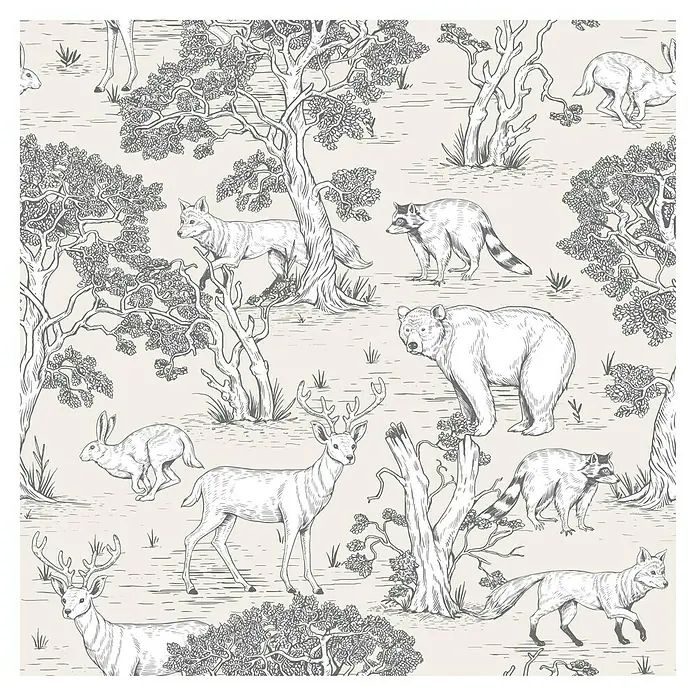 Marburg Kids' Walls Vliestapete Waldtiere - Beige/Weiß, Tieroptik, 10,05 x 0,53 m - Illustration mit Wildtieren, Bäumen und Pflanzen in Schwarzweiß. Perfekt für Naturliebhaber und als stilvolles Deko-Element.
