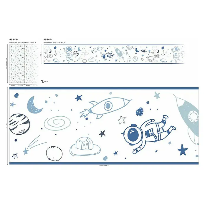 Marburg Kids' Walls Vliestapete Astronaut - Weiß/Grau, Grafisch, 10,05 x 0,53 m - Weltraum-Tapetenbordüre: Eine blaue Bordüre mit Astronauten, Raketen, Planeten und Sternen, ideal für Kinderzimmer.
