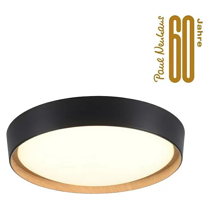 Just Light LED-Deckenleuchte Emilia - 32 W, L x B x H: 39,6 x 39,6 x 10 cm, Schwarz, Warmweiß - Runde LED-Deckenleuchte in Schwarz und Holz mit weißem Diffusor.