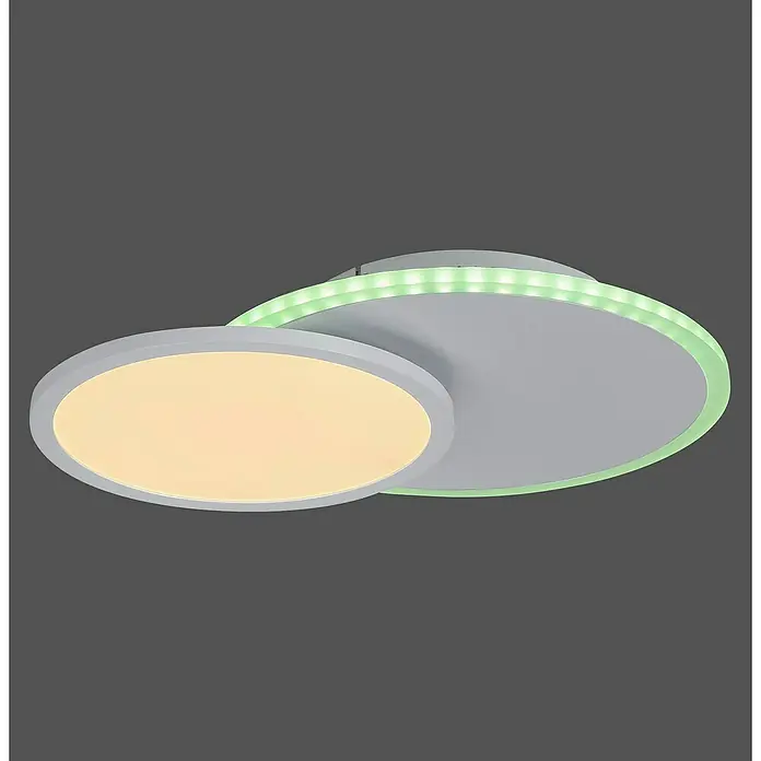 Just Light LED-Deckenleuchte Arenda - 18 W, L x B x H: 45 x 33 x 7,5 cm, Weiß, Mehrfarbig - Moderne Deckenleuchte mit zwei runden Elementen, eines mit warmem Licht, das andere mit grüner LED-Umrandung.