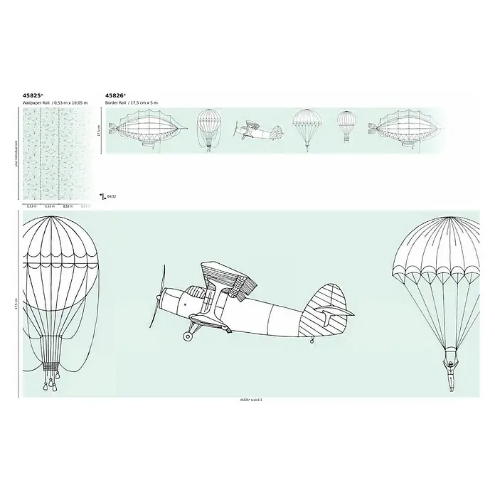 Marburg Kids' Walls Tapetenborte Luftschiffe - Grün/Weiß, Motiv, L x H: 5 x 0,18 m, Vlies - Tapetenrolle und Bordüre mit Luftschiff-, Flugzeug- und Fallschirm-Motiven. Perfekt für Kinderzimmer oder alle, die eine Vorliebe für Luftfahrt haben.