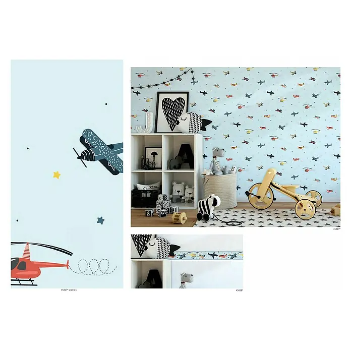 Marburg Kids' Walls Tapetenborte Flugzeuge - Kunststoff, Blau/Multicolor - Kinderzimmer mit Flugzeug- und Hubschrauber-Tapete, Holzspielzeug und weißen Regalen.